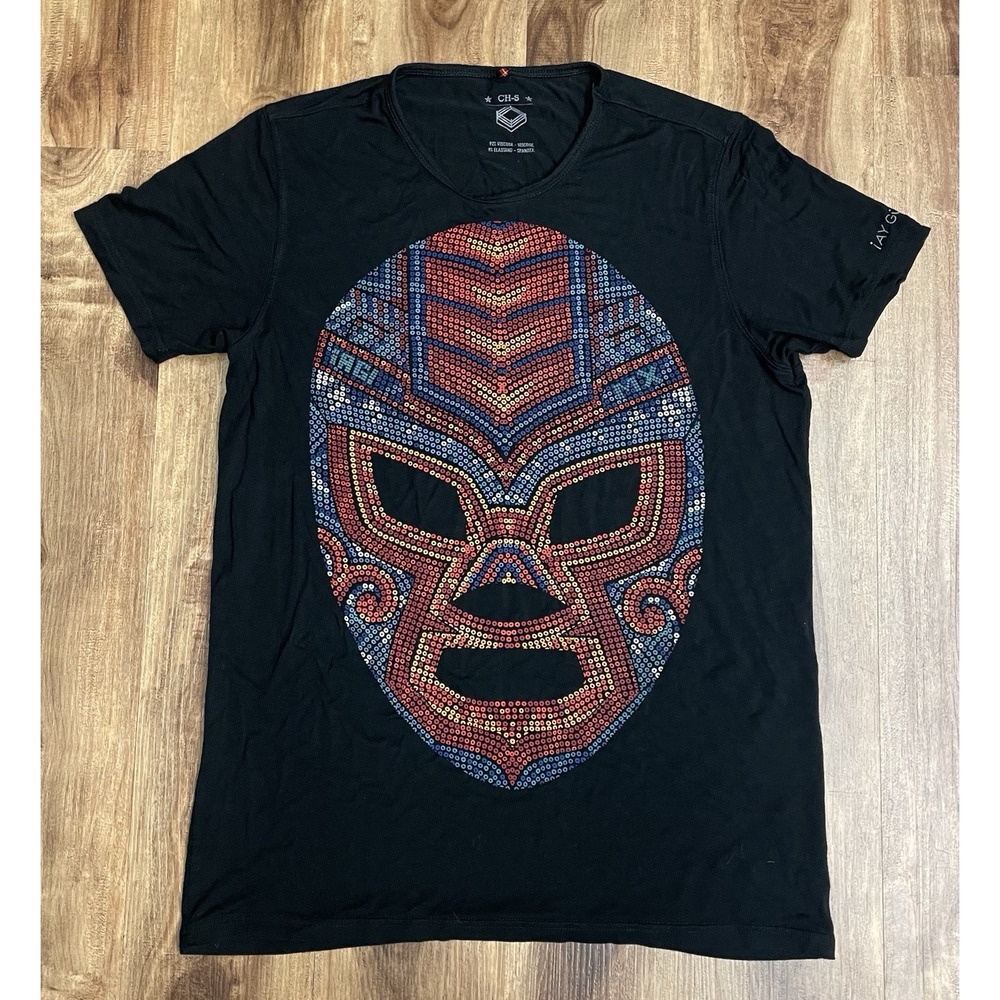 AY GUEY! Black Tee Shirt Mexican Huichol Wrestler Luchador Mask Size Small